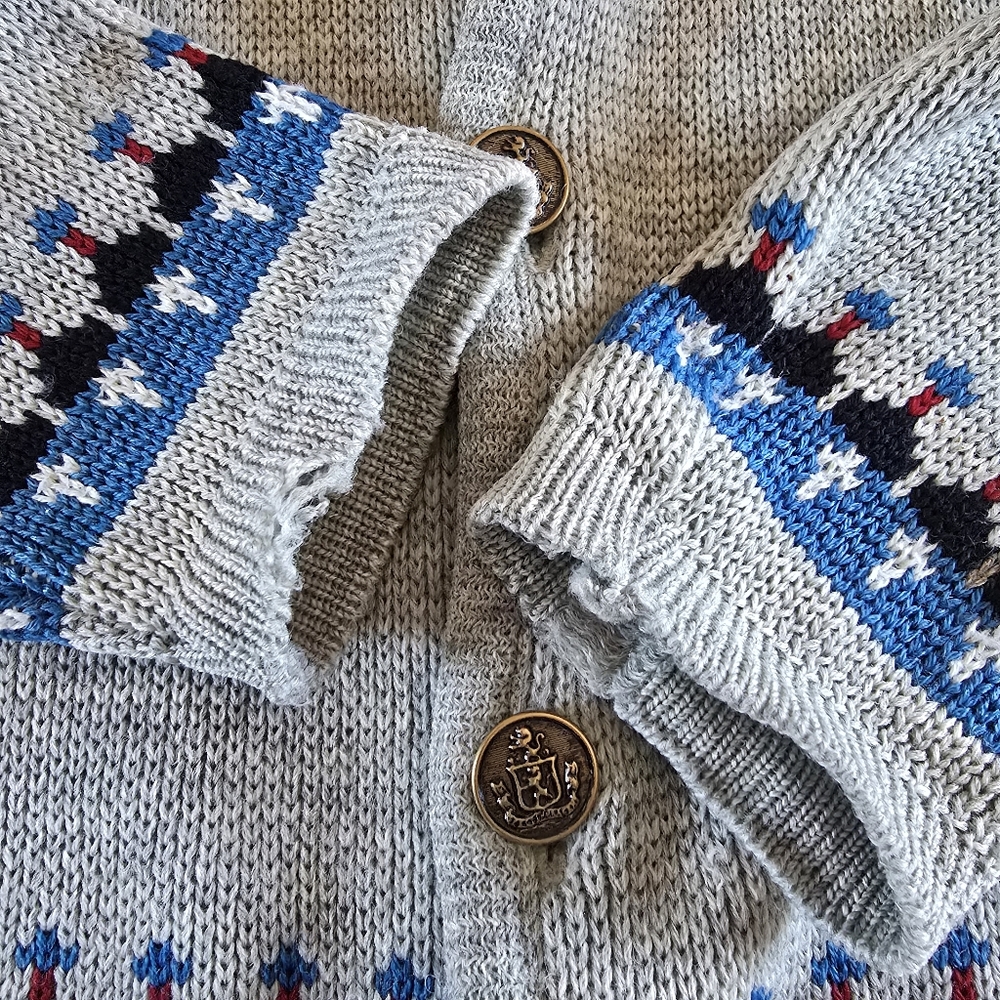 Vintage Banff Nordic Wool Cardigan Button Sweater Grey Red Mens Large - Picture 10 of 11